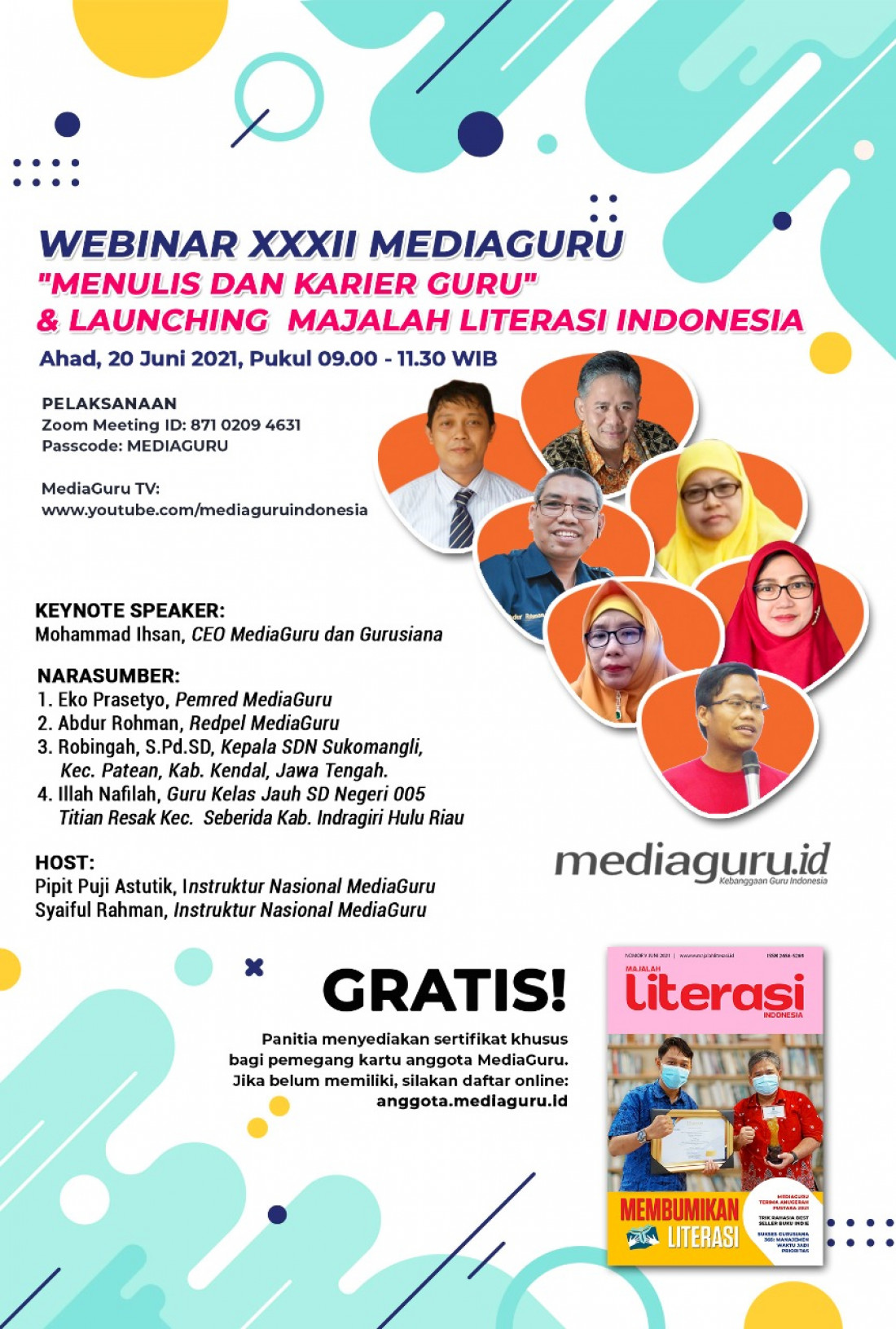 GURU DAN KARIER MENULIS (WEBINAR XXXII MEDIAGURU) & LAUNCHING MAJALAH LITERASI INDONESIA (20 JUNI 2021)
